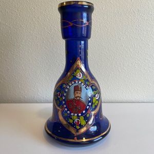 Cobalt Blue Glass Persian Portrait Vase Decanter Pitcher Ornate